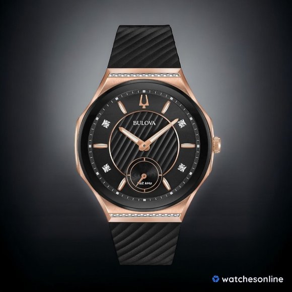 New Bulova Women\'s Quartz Curved Rose Gold Case Black Dial 40.5mm Watch 98R239